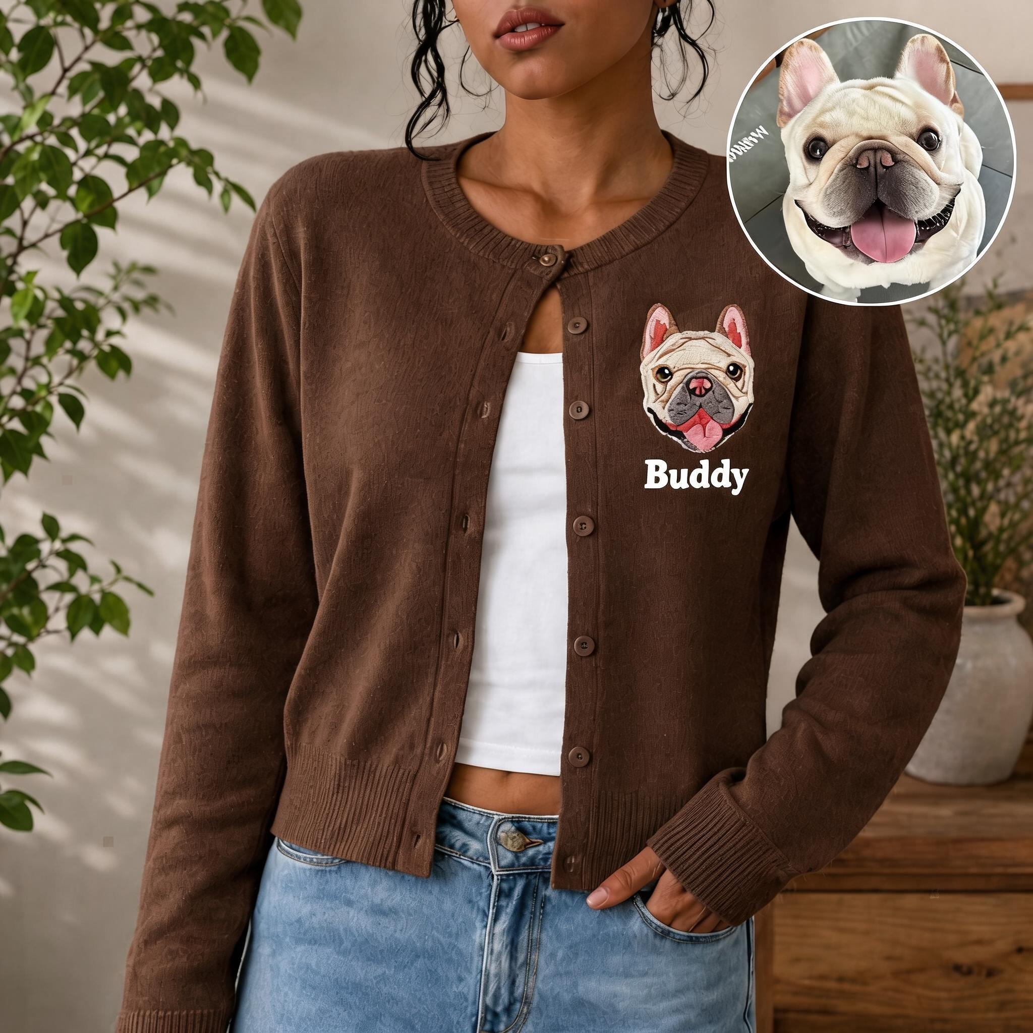 Custom Pet Portrait Embroidered Cardigan – Personalized Knit Sweater for Pet Lovers, Cozy Fall Style