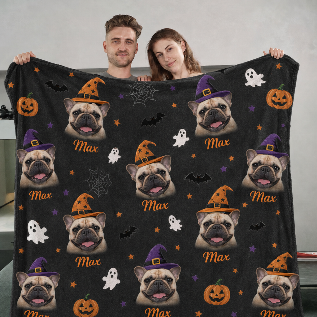 Custom Halloween Pet Portrait Blanket, Spooky Pet Photo Blanket, Cozy Halloween Gift for Pet Lovers