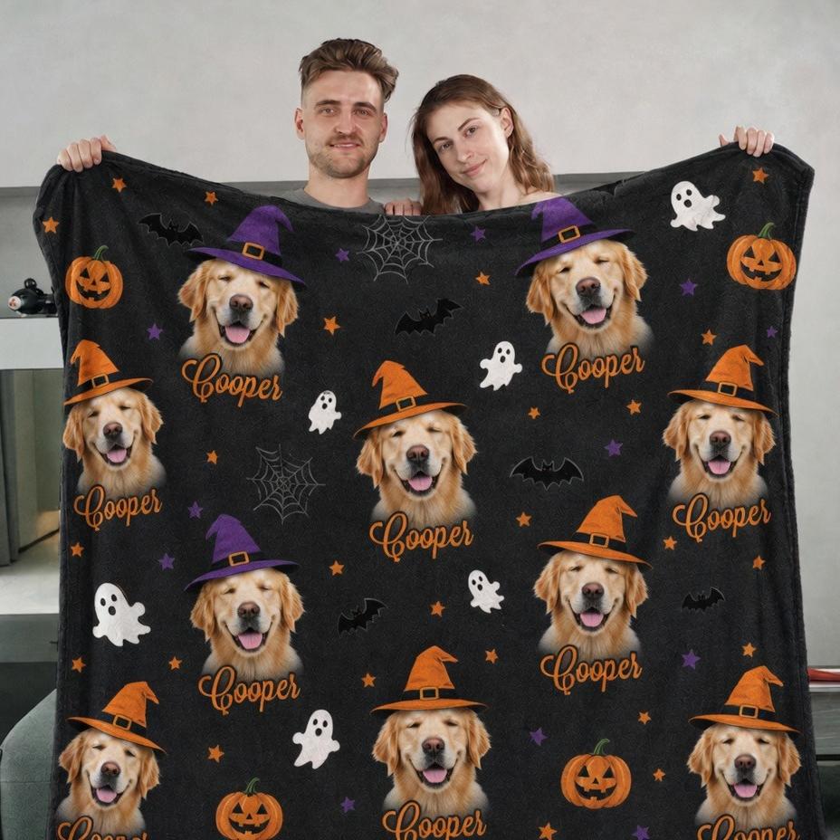 Custom Halloween Pet Portrait Blanket, Spooky Pet Photo Blanket, Cozy Halloween Gift for Pet Lovers