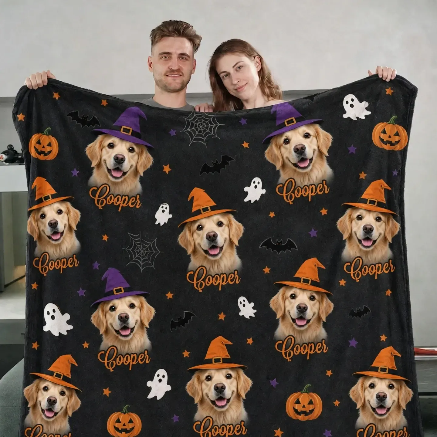 Custom Halloween Pet Portrait Blanket, Spooky Pet Photo Blanket, Cozy Halloween Gift for Pet Lovers