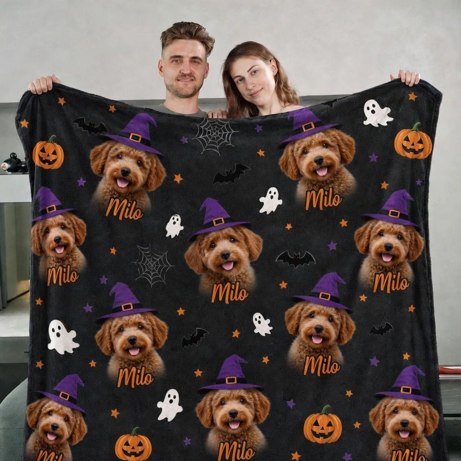 Custom Halloween Pet Portrait Blanket, Spooky Pet Photo Blanket, Cozy Halloween Gift for Pet Lovers