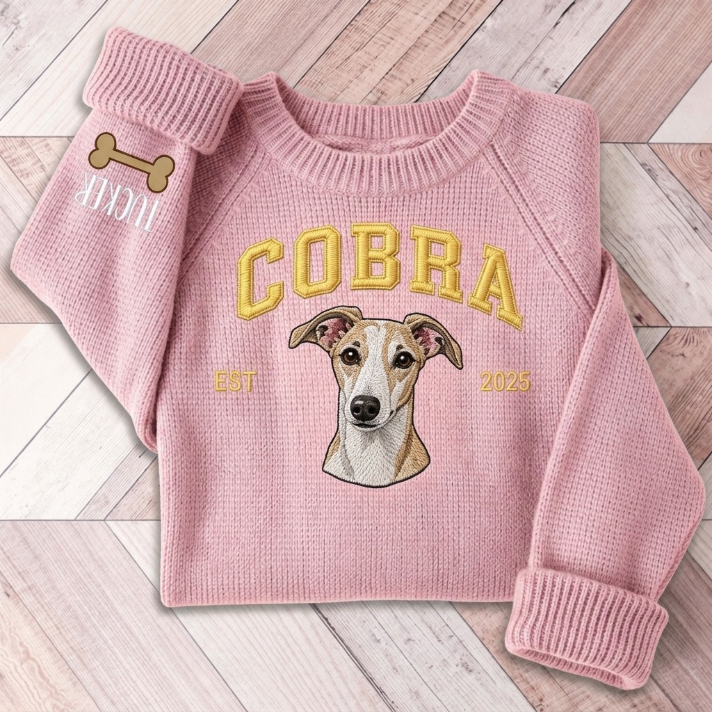 Custom Pet Portrait Knit Sweater, Personalized Dog Embroidered Sweater With EST Year,  Custom Pet Face & Name Pullover, Cozy Dog Mom Gift, Pet Lover Gift