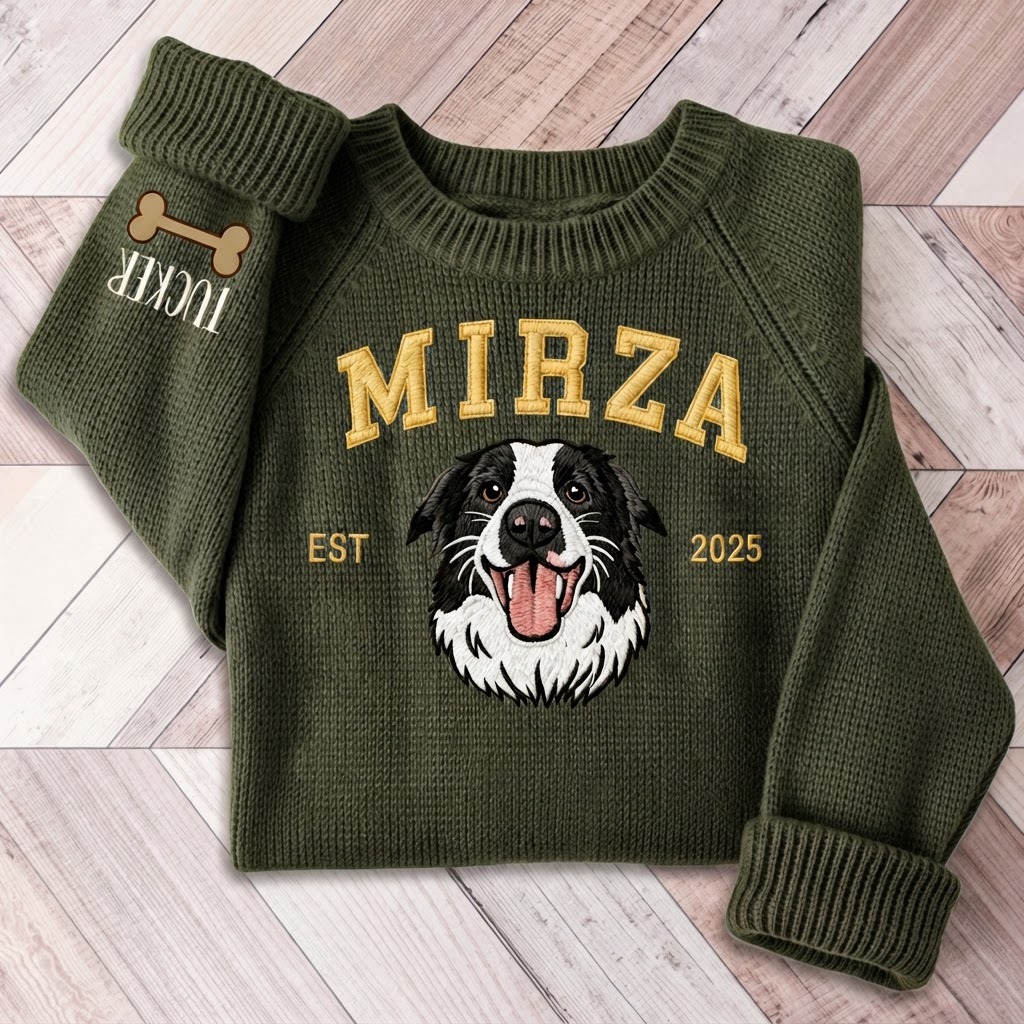 Custom Pet Portrait Knit Sweater, Personalized Dog Embroidered Sweater With EST Year,  Custom Pet Face & Name Pullover, Cozy Dog Mom Gift, Pet Lover Gift