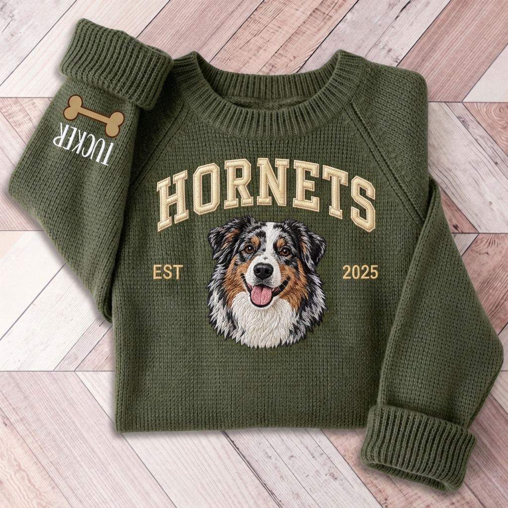 Custom Pet Portrait Knit Sweater, Personalized Dog Embroidered Sweater With EST Year,  Custom Pet Face & Name Pullover, Cozy Dog Mom Gift, Pet Lover Gift