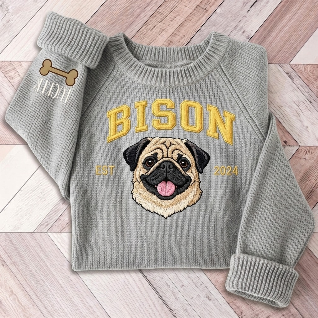 Custom Pet Portrait Knit Sweater, Personalized Dog Embroidered Sweater With EST Year,  Custom Pet Face & Name Pullover, Cozy Dog Mom Gift, Pet Lover Gift
