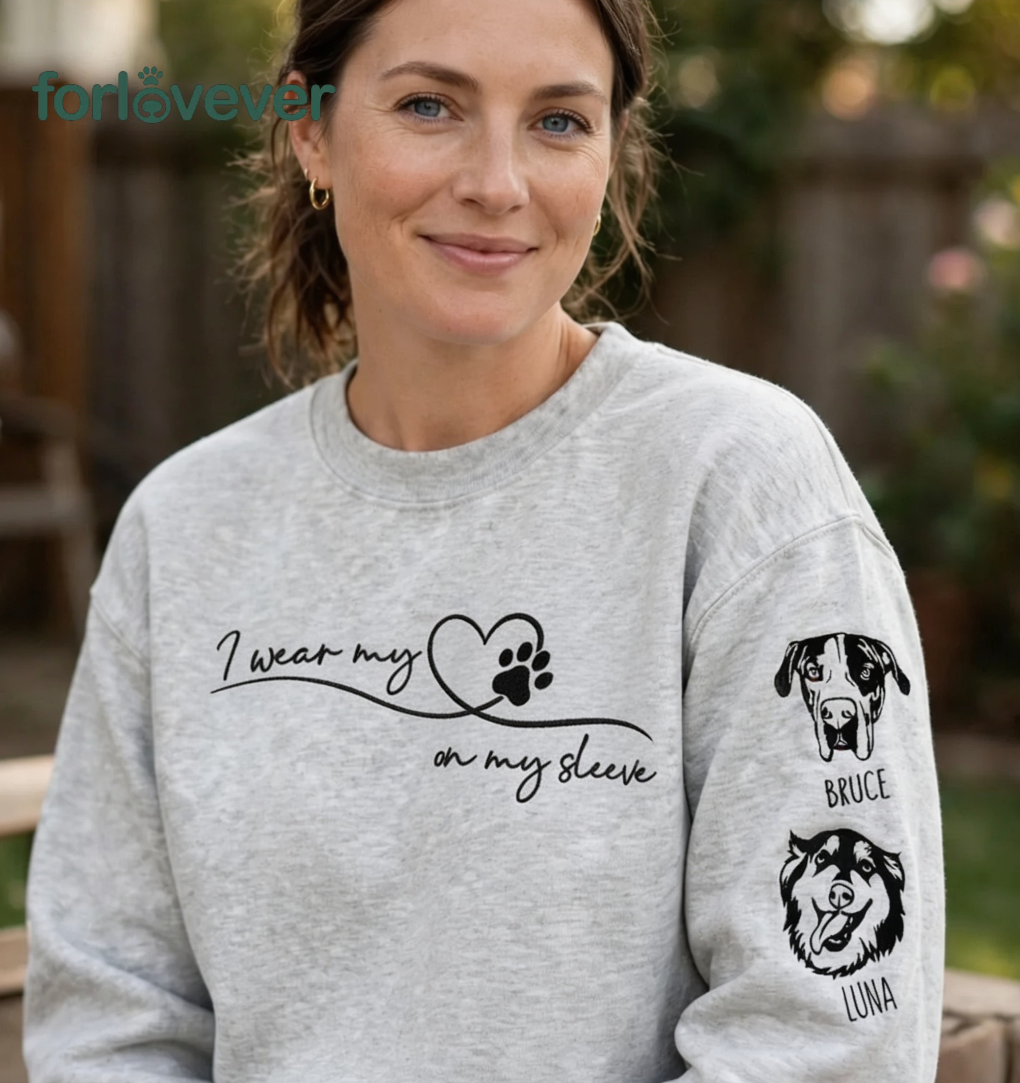 Custom Embroidered Pet Portrait Sweatshirt with Sleeve Names, Personalized Pet Lover Gift,For Pet MOM & DAD