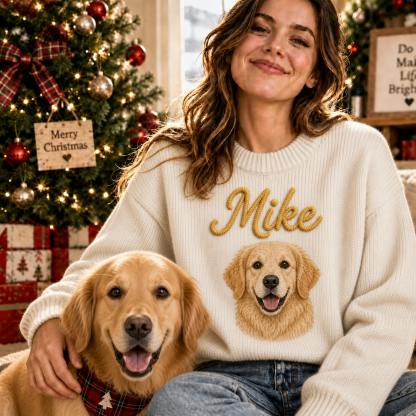 Custom Pet Portrait Knit Sweater, Personalized Dog Chenile Embroidered Sweater, Pet Lover Gift