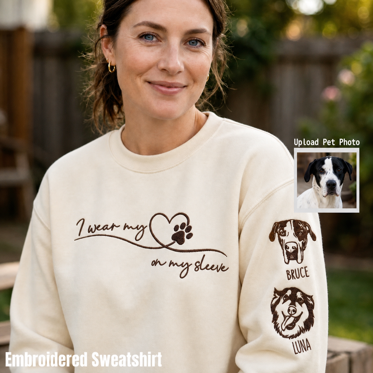Custom Embroidered Pet Portrait Sweatshirt with Sleeve Names, Personalized Pet Lover Gift,For Pet MOM & DAD