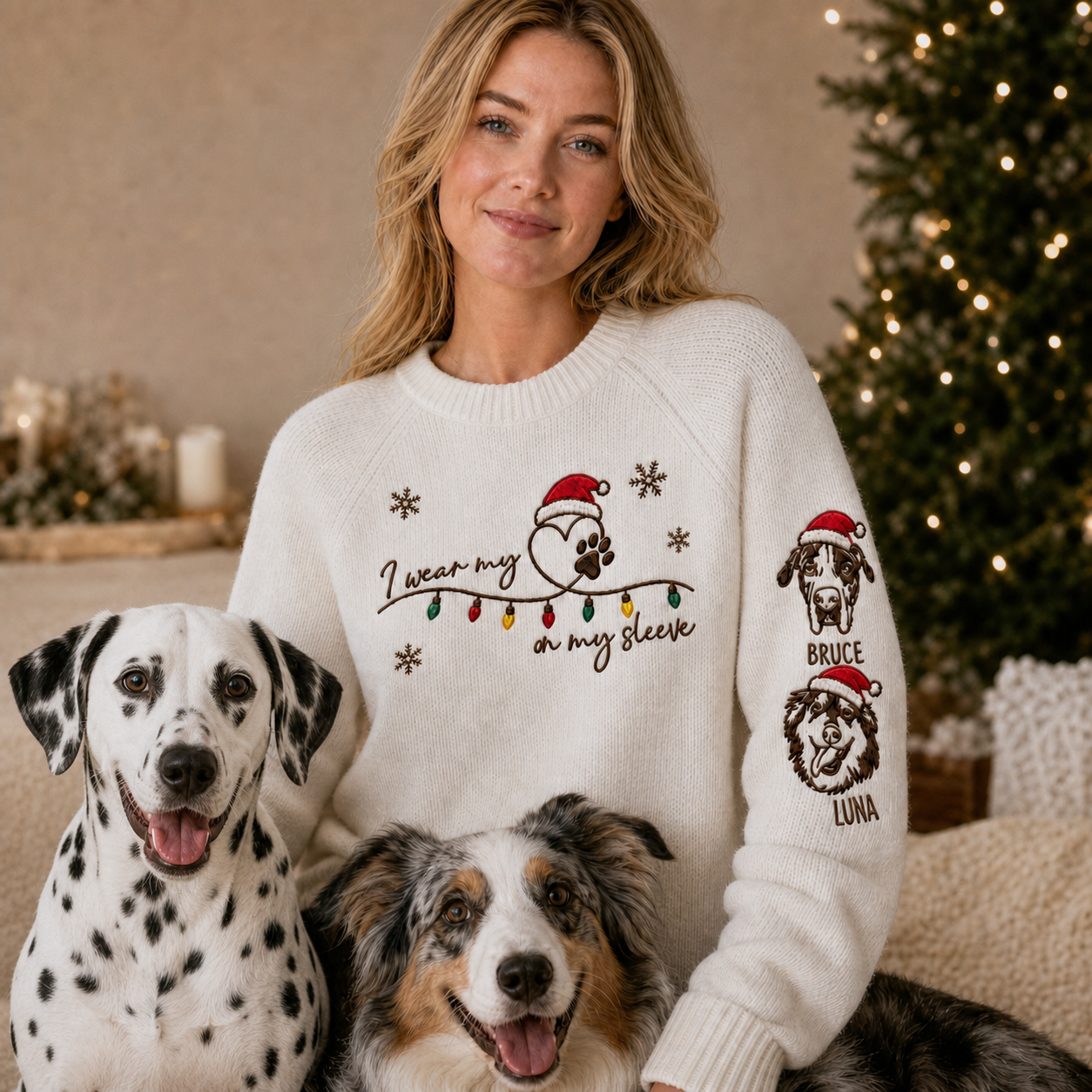 Custom Embroidered Pet Portrait Knit Sweater with Sleeve Name & Xmas Hat, Personalized Pet Lover Christmas Gift