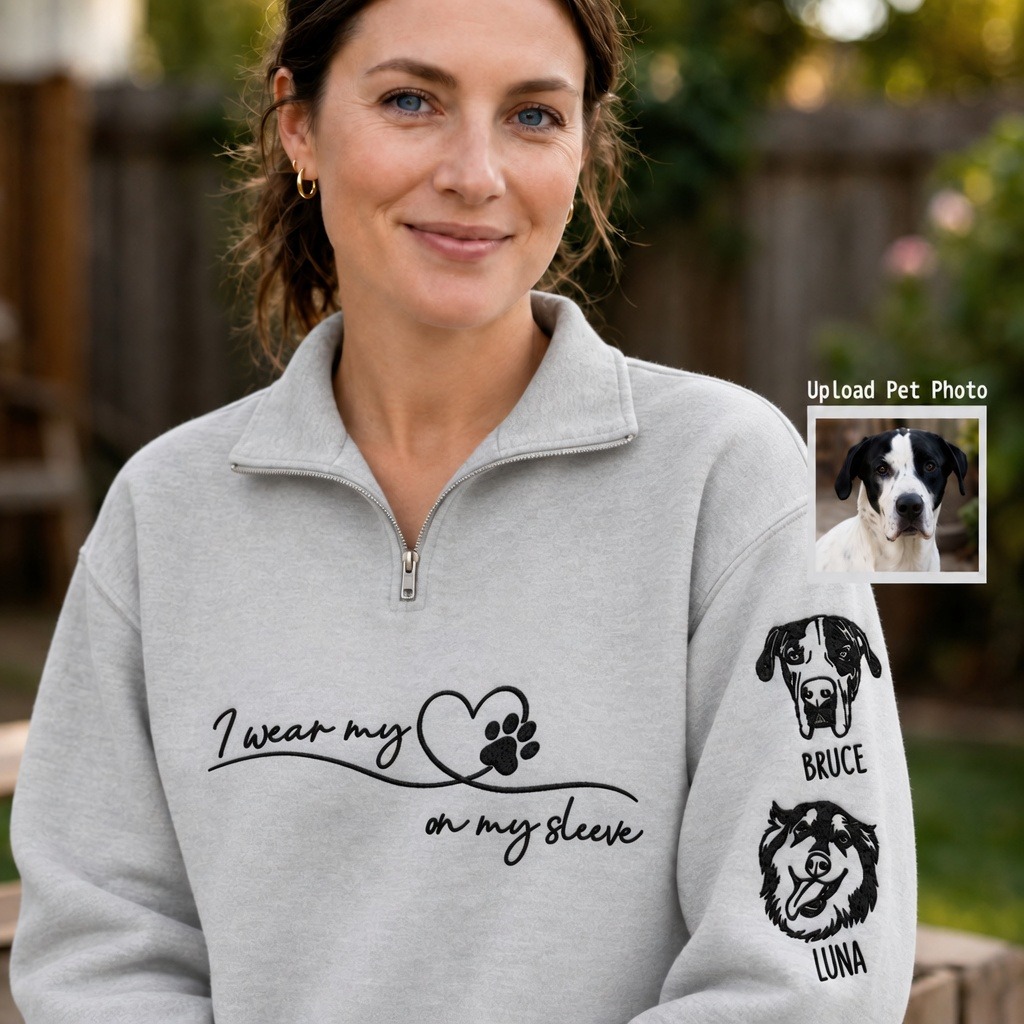 Custom Embroidered Pet Portrait Quarter Zip Sweatshirt with Sleeve Names, Personalized Pet Lover Gift,For Pet MOM & DAD