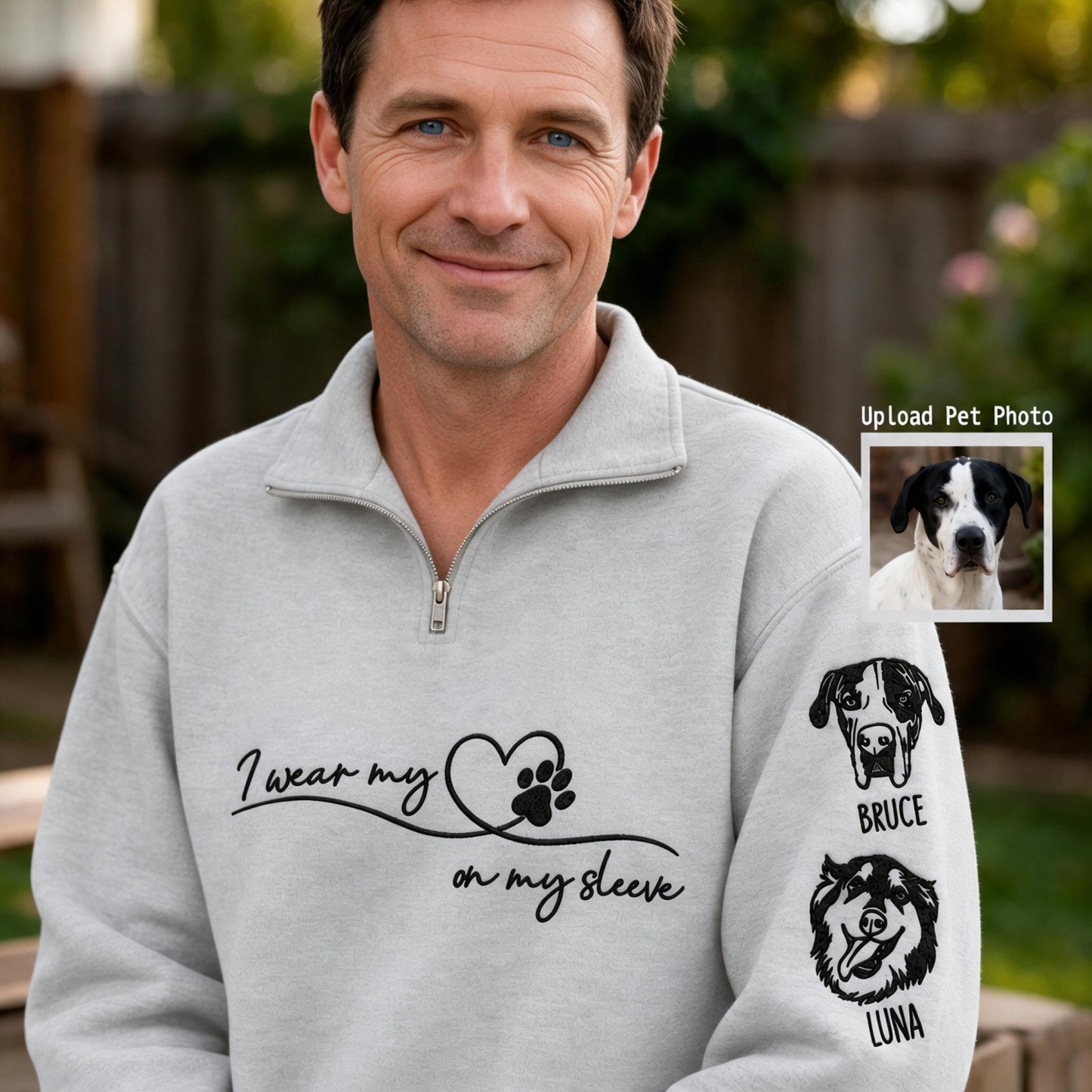 Custom Embroidered Pet Portrait Quarter Zip Sweatshirt with Sleeve Names, Personalized Pet Lover Gift,For Pet MOM & DAD
