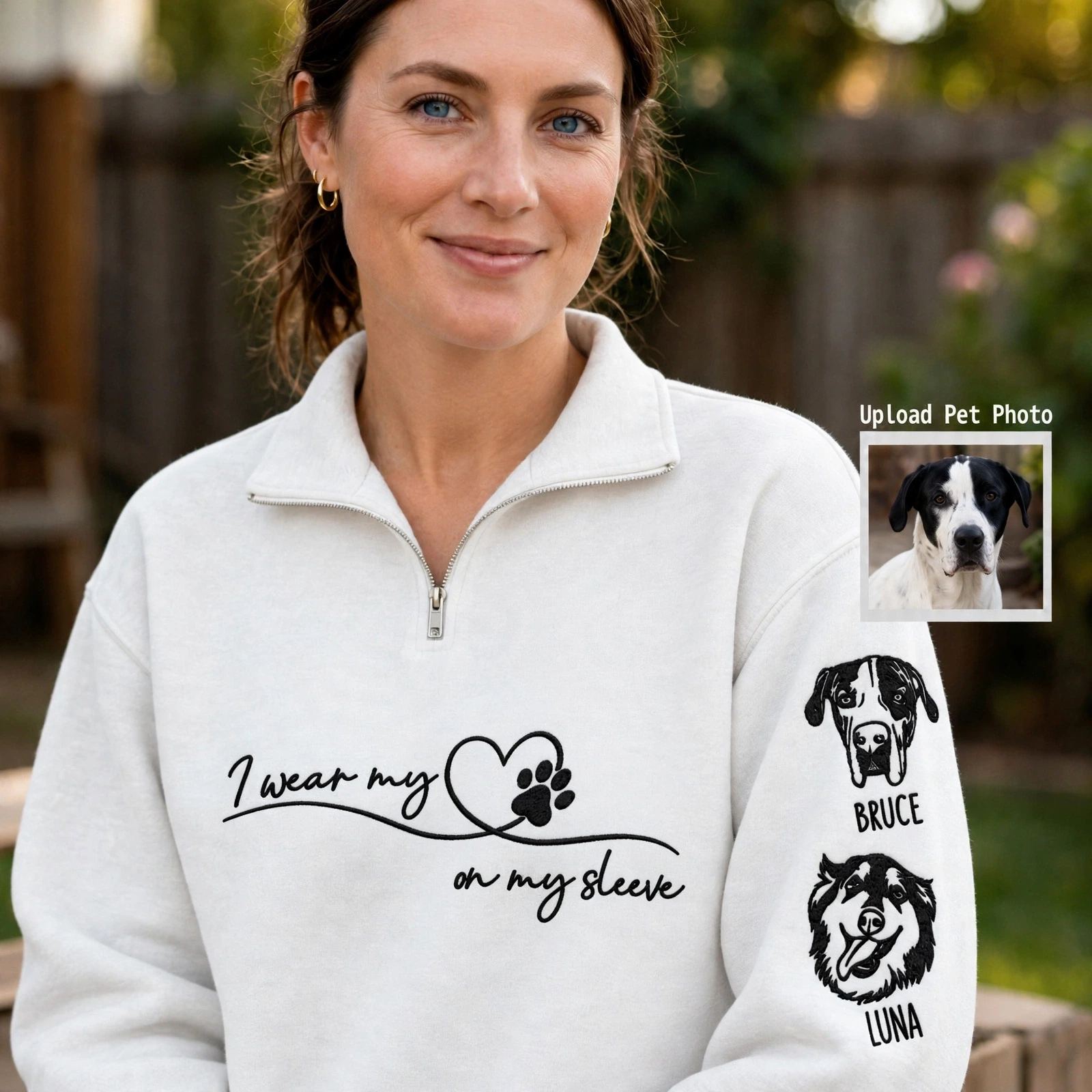 Custom Embroidered Pet Portrait Quarter Zip Sweatshirt with Sleeve Names, Personalized Pet Lover Gift,For Pet MOM & DAD