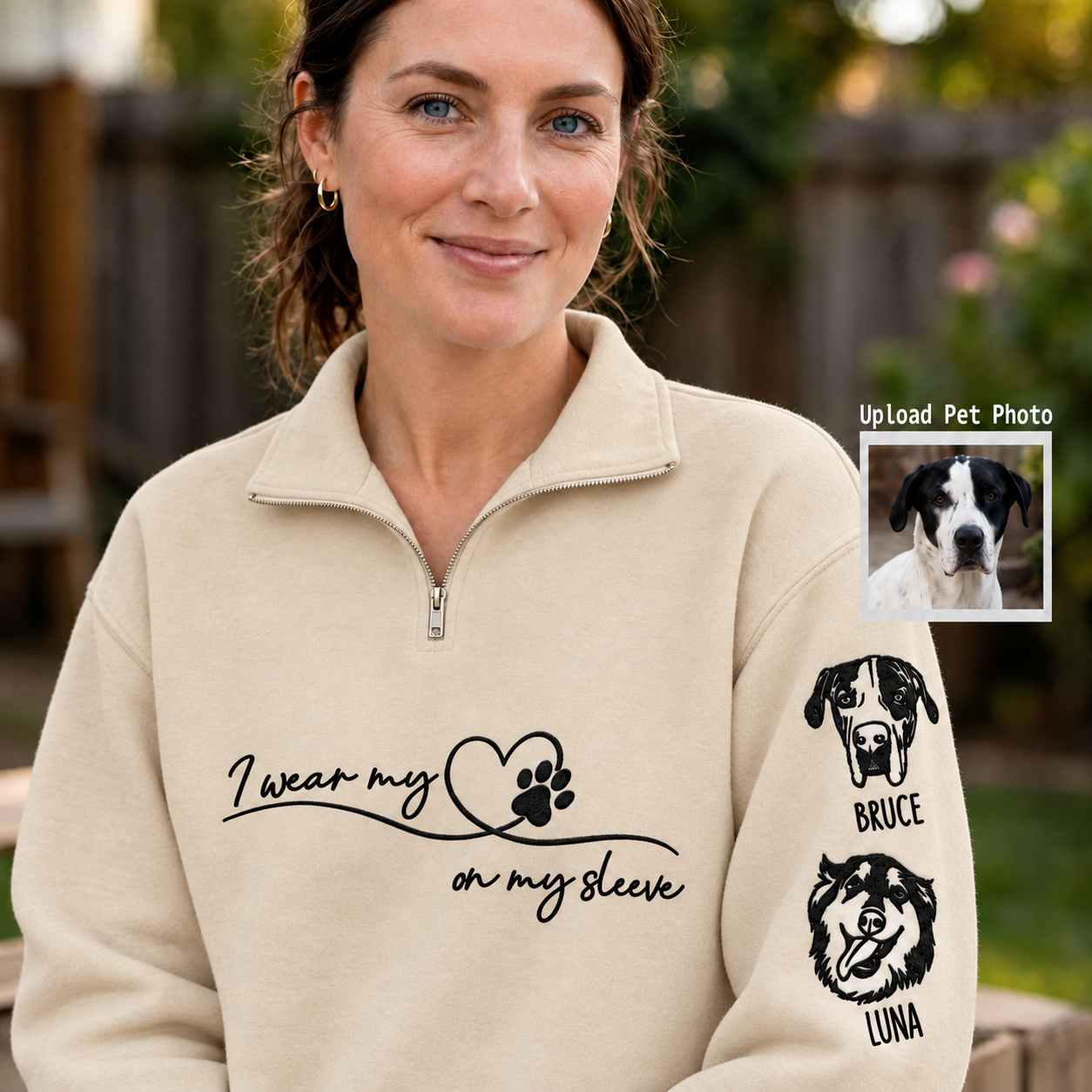 Custom Embroidered Pet Portrait Quarter Zip Sweatshirt with Sleeve Names, Personalized Pet Lover Gift,For Pet MOM & DAD
