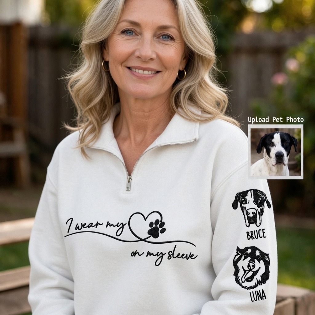 Custom Embroidered Pet Portrait Quarter Zip Sweatshirt with Sleeve Names, Personalized Pet Lover Gift,For Pet MOM & DAD