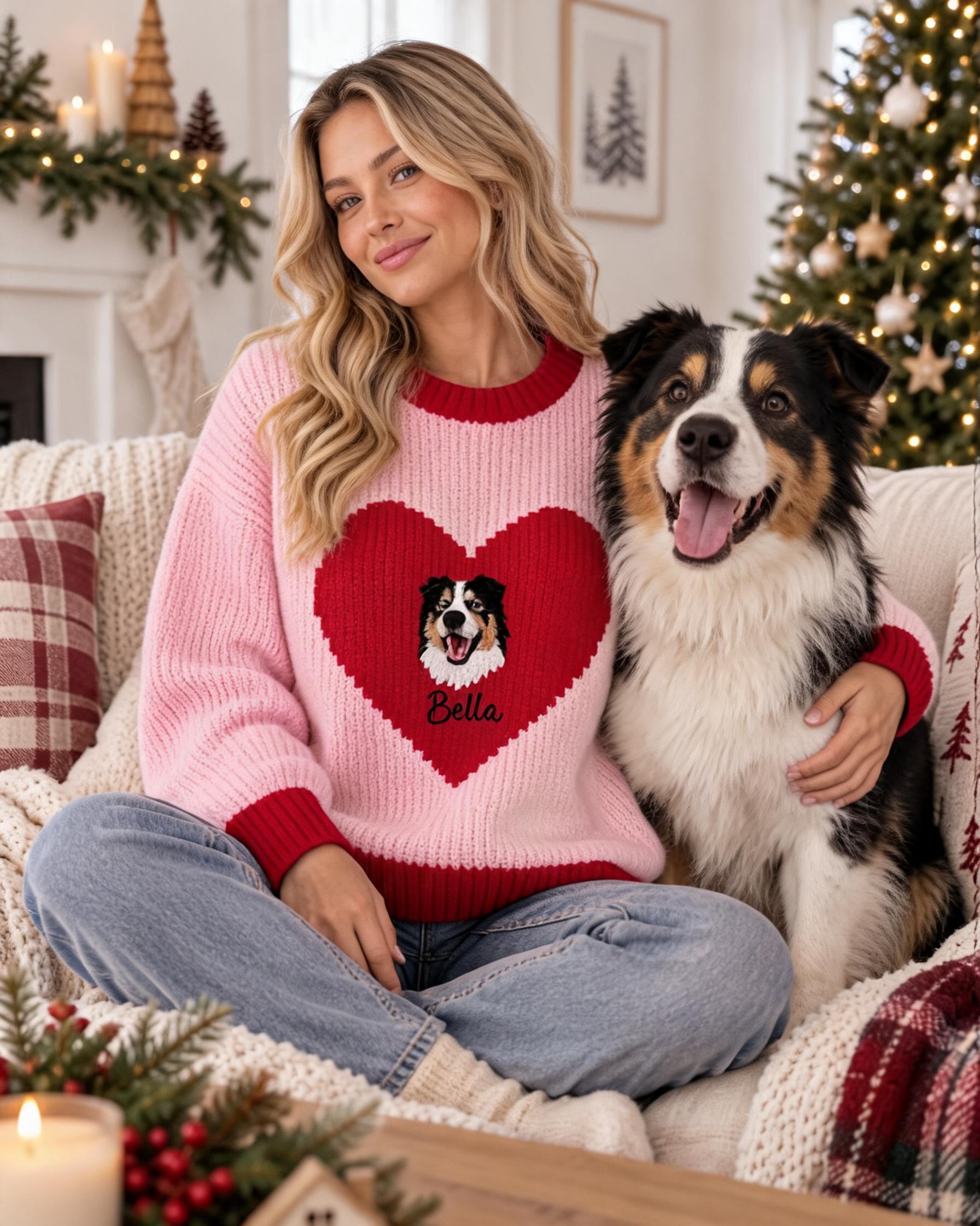Custom Dog Mom Christmas Sweater, Personalized Pet Portrait Embroidered Oversized Sweater, Holiday Gift for Dog Lovers