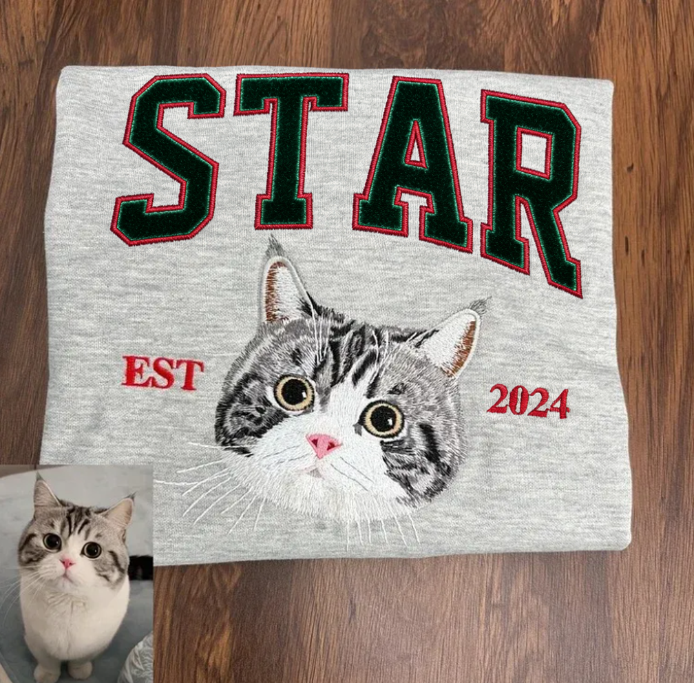 Custom Pet Portrait EST Sweatshirt, Velvet Applique Dog Embroidery Crewneck, Personalized Pet Lover Gift