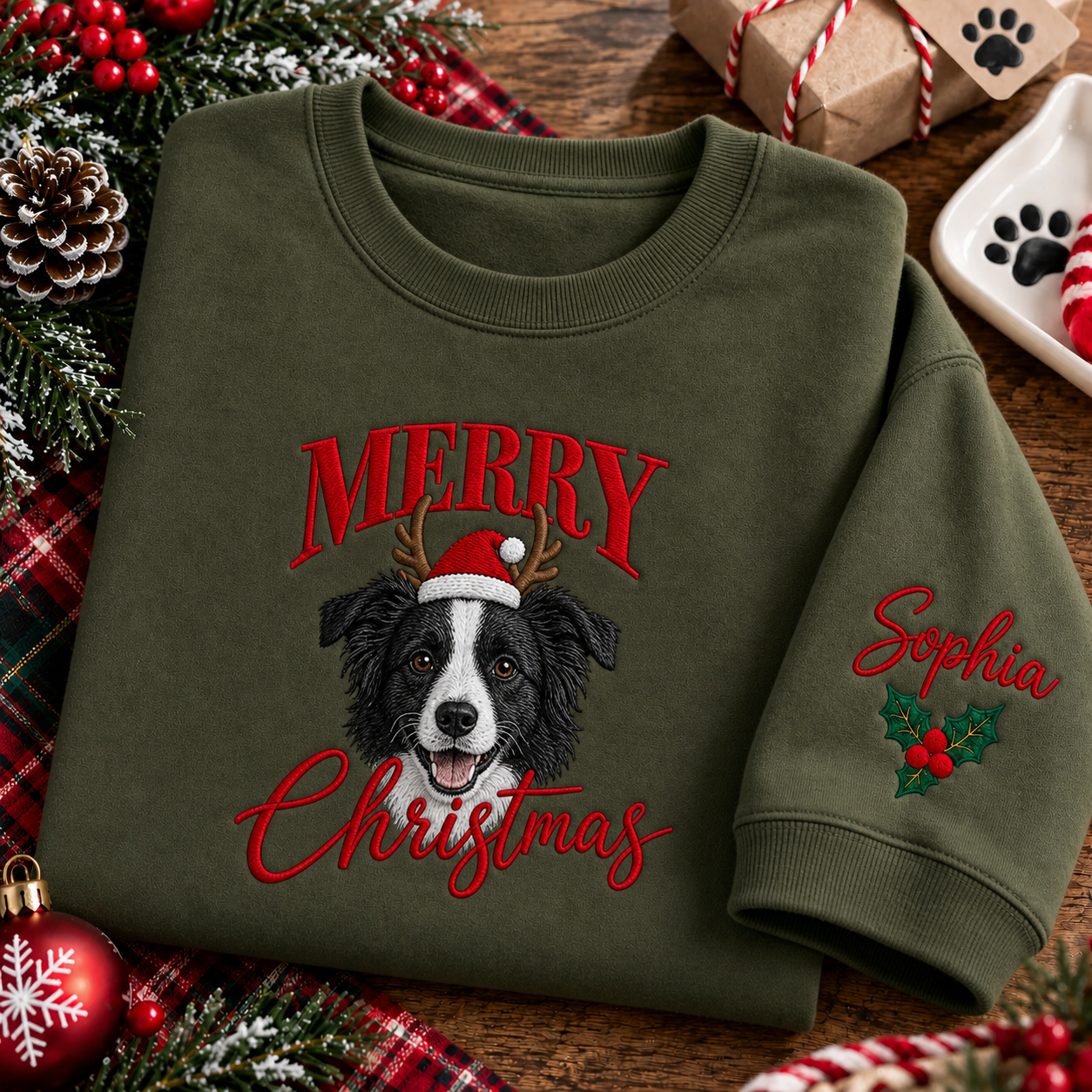 Custom Embroidered Pet Portrait Christmas Shirt, Personalized Cat Portrait Xmas Shirt With Name