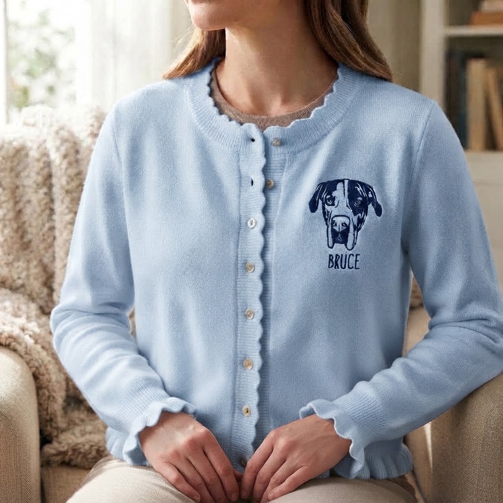 Custom Pet Portrait Ruffle Knit Cardigan, Personalized Embroidered Dog & Cat Sweater, Cozy Fall Winter Outfit for Pet Lovers
