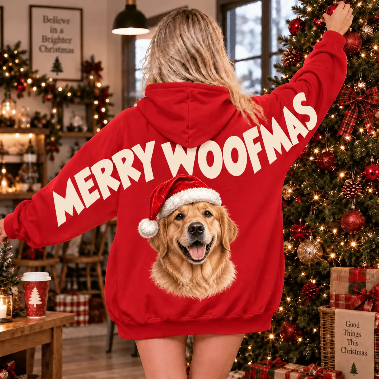 Custom Pet Portrait Santa Hat Sweatshirt — Merry Woofmas Back Print, Dog Mom Hoodie