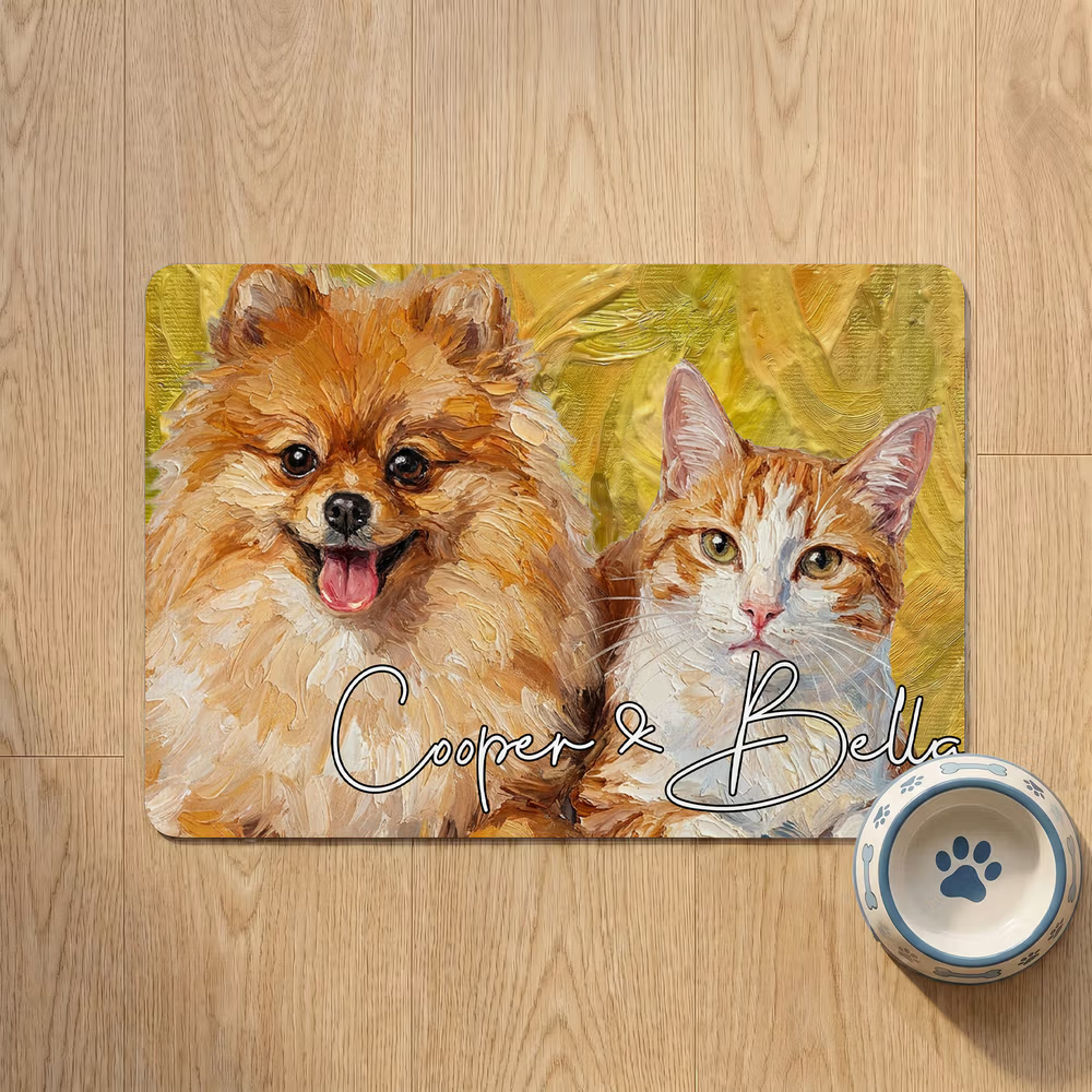 Personalized Oil Painting Style Pet Photo Food Mat with Name Home Decor Pet Supplies Birthday Gift for Cat Dog Pet Owner Lovers