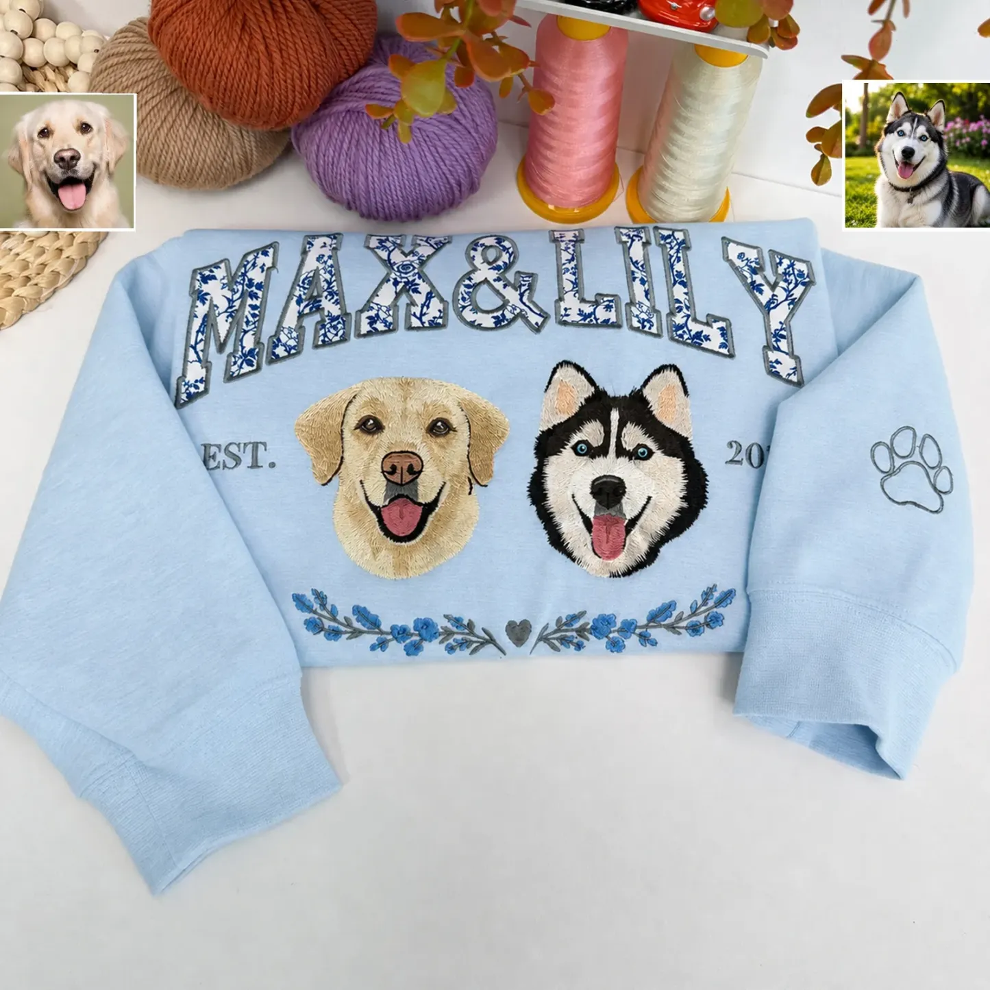 Custom Multiple Pet Portrait Floral Applique Embroidered Sweatshirt Personalized Dog Cat Gift for Pet Lovers
