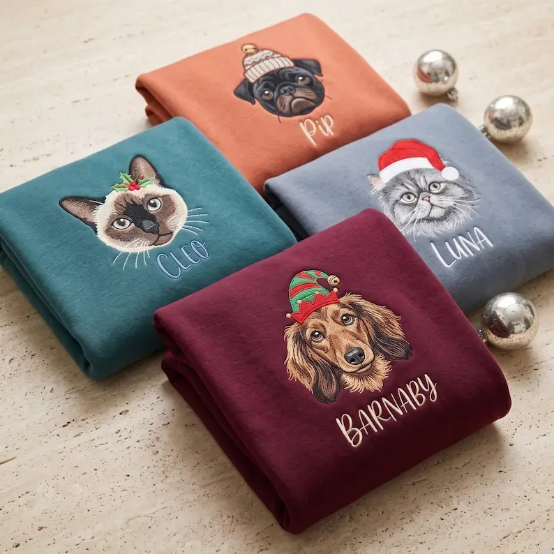 Personalized Pet Christmas Sweatshirt — Embroidered Dog or Cat Portrait with Holiday Hat