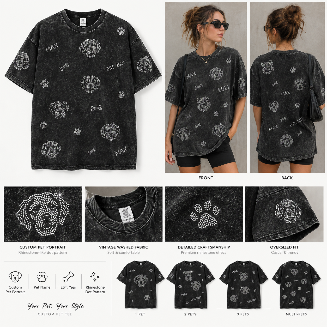 Custom Rhinestone Pet Portrait Washed Sweatshirt