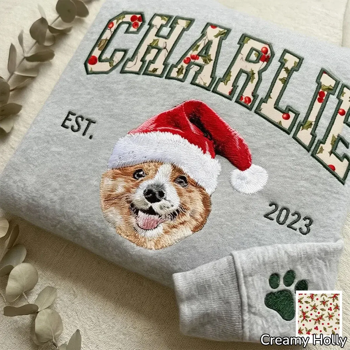 Custom Pet Portrait Embroidered Sweatshirt with Christmas Festive Name Applique