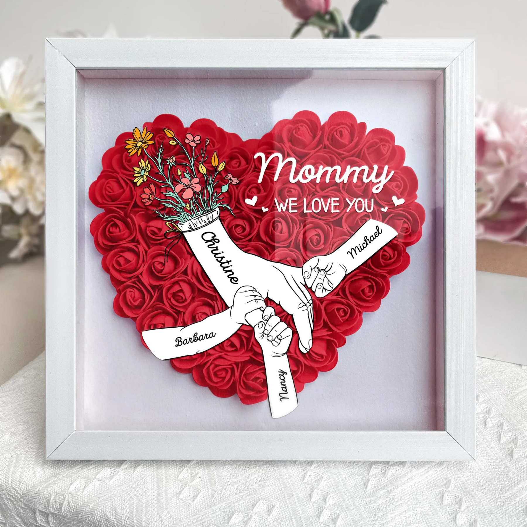 We Love You Mommy Hand Holding - Personalized Flower Shadow Box-forlovever