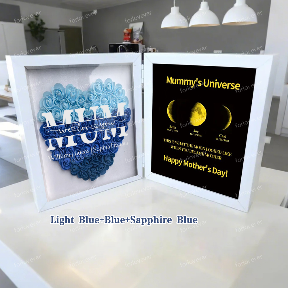 Mum We Love You With REAL MOON PHASE Anniversary Calendar - Mummy's Universe Personalized Heart Shape Flower Shadow Box-forlovever