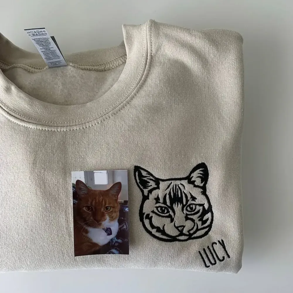 Custom Embroidered Cat Face Sweatshirt from Your Photo with Cat Names on Sleeve