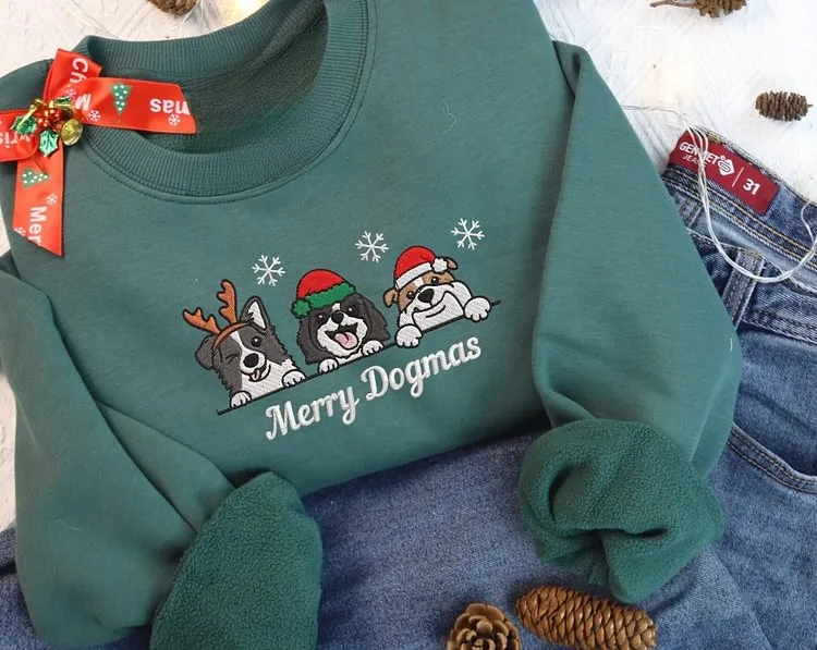 Custom Pet Portrait Christmas Hat Snowflake Embroidered Sweatshirt, Hoodie, T-Shirt-forlovever