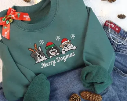 Custom Pet Portrait Christmas Hat Snowflake Embroidered Sweatshirt, Hoodie, T-Shirt-forlovever