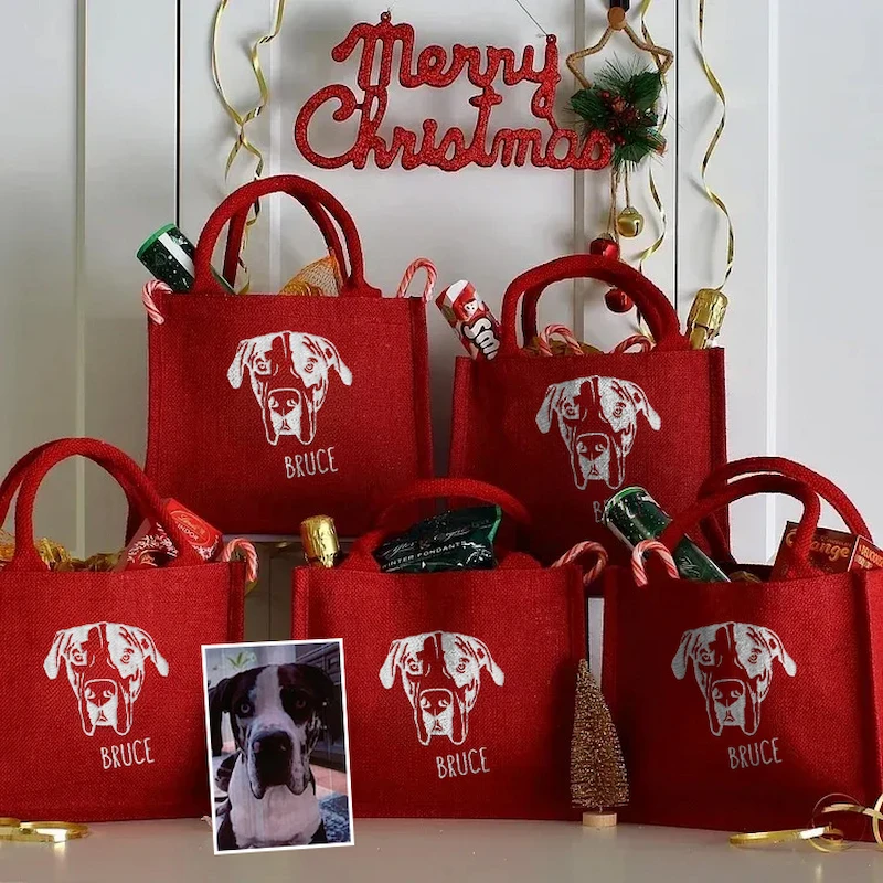 Custom Pet Photo Personalized Outline Embroidery Christmas Gift Party Bags
