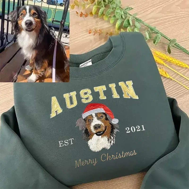 Customized Christmas Preppy-Style Embroidered Pet Portrait Sweatshirt, Hoodie, T-Shirt