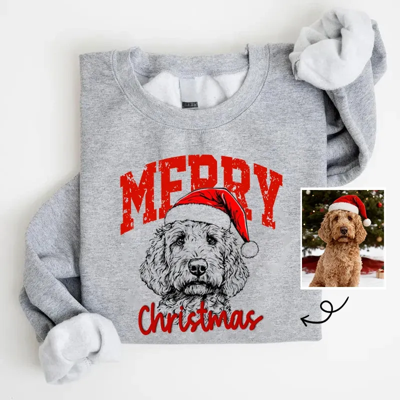 Custom Pet Portrait Christmas Sweatshirt - Personalized Dog/Cat Santa Hat Hoodie
