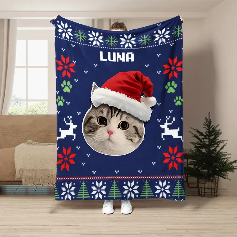 Custom Pet Portrait Christmas Blanket, Photo-Customized Personalized Pet Blanket