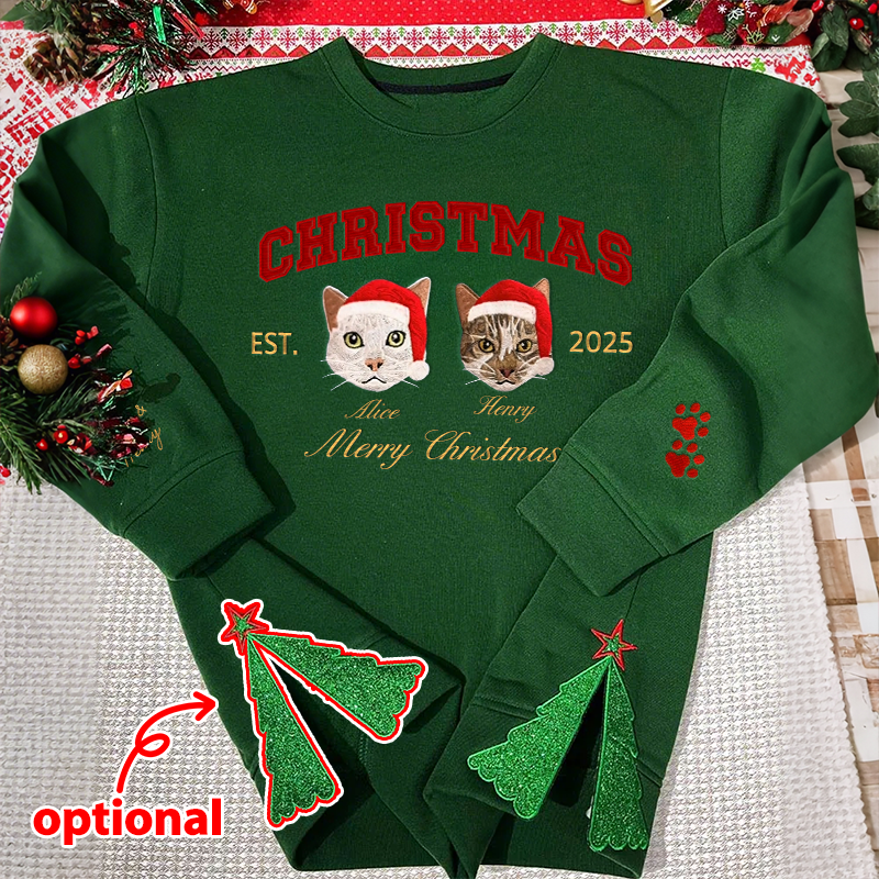 Custom Merry Christmas Embroidered Pet Portrait Sweatshirt with Glitter Side Bow Design