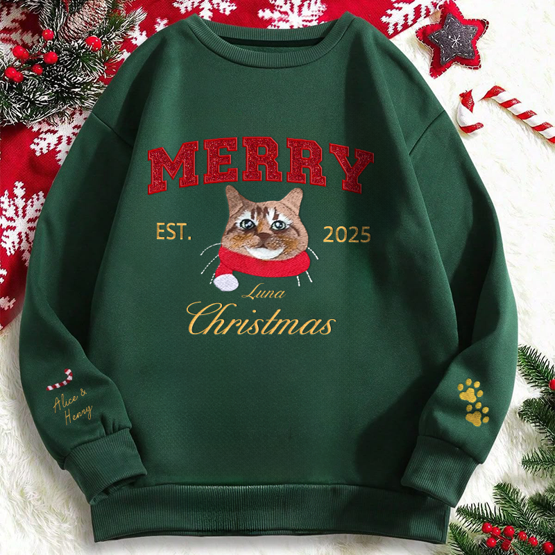 Custom Sequined Christmas Merry Christmas Embroidered Pet Portrait Sweatshirt With Sequined Side Design