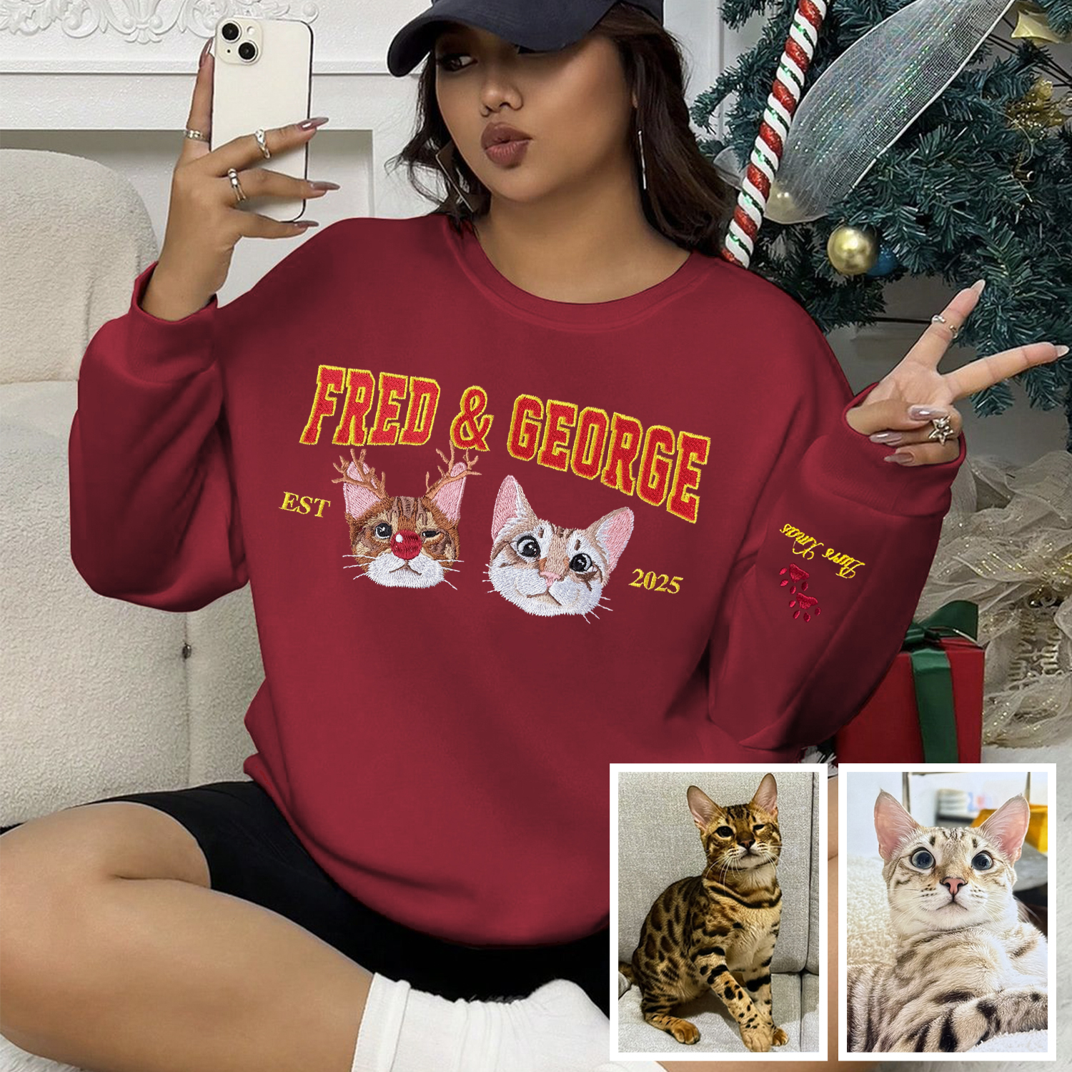 Custom Pet Face Pattern Christmas Classic Embroidered Sweatshirt/Hoodie