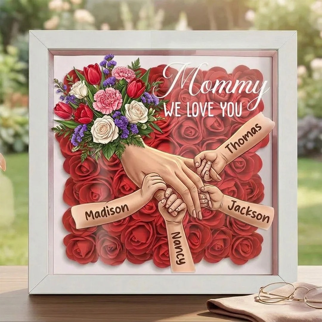 Forlovever™ Tulips & White Roses & Carnations Personalized Mom Holding Hands Shadow Box – Custom Name Remembrance Frame, Mother’s Day In Loving Memory Gift
