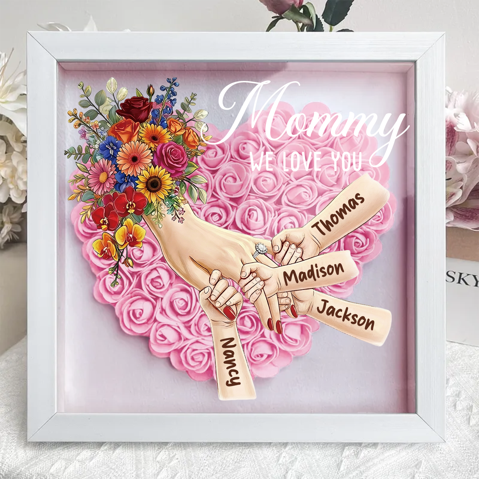 Forlovever™ Custom Mom Holding Hands with Ring & Manicure Shadow Box-Mother's Day Remembrance Frame, In Loving Memory Gift