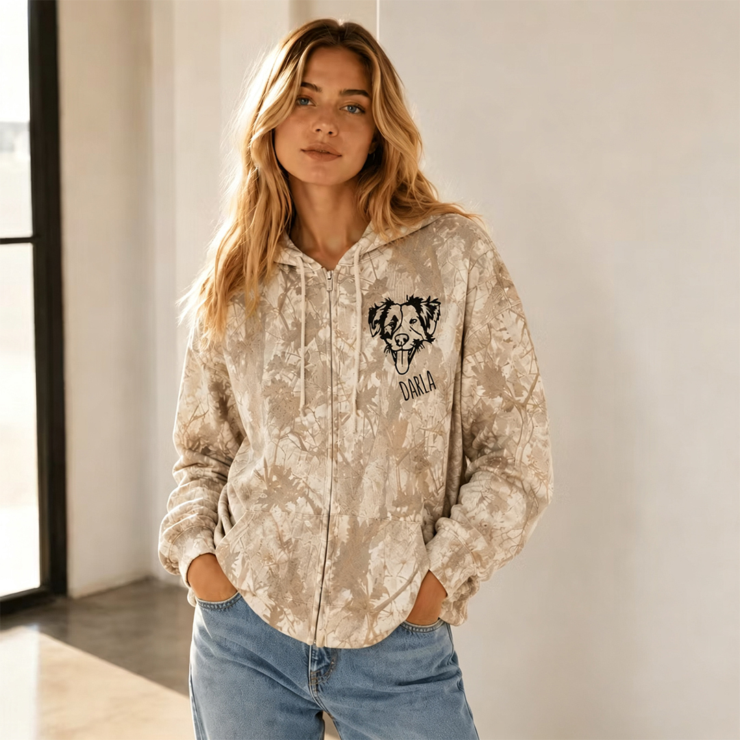 Custom Embroidered Pet Portrait Camo Zip Up Hoodie Personalized Gift for Dog And Cat Lovers