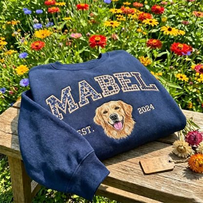 Patchwork Fabric Pet Portrait Embroidered Sweatshirt Custom Dog Cat Gift for Pet Lovers