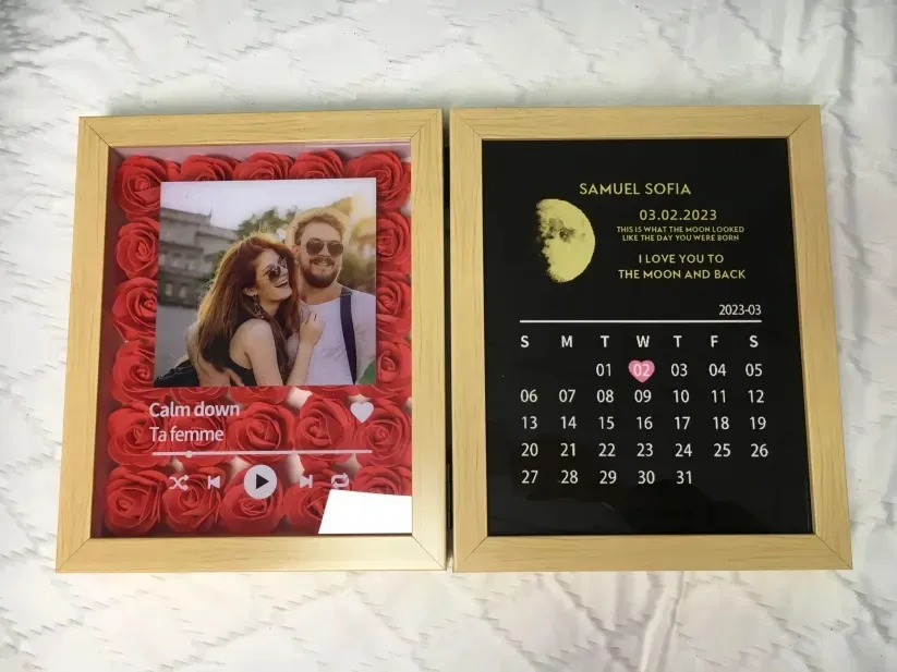 (Square With Song) Custom Flowers Frame with REAL MOON PHASE Anniversary Calendar
