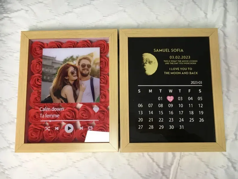 (Square With Song) Custom Flowers Frame with REAL MOON PHASE Anniversary Calendar