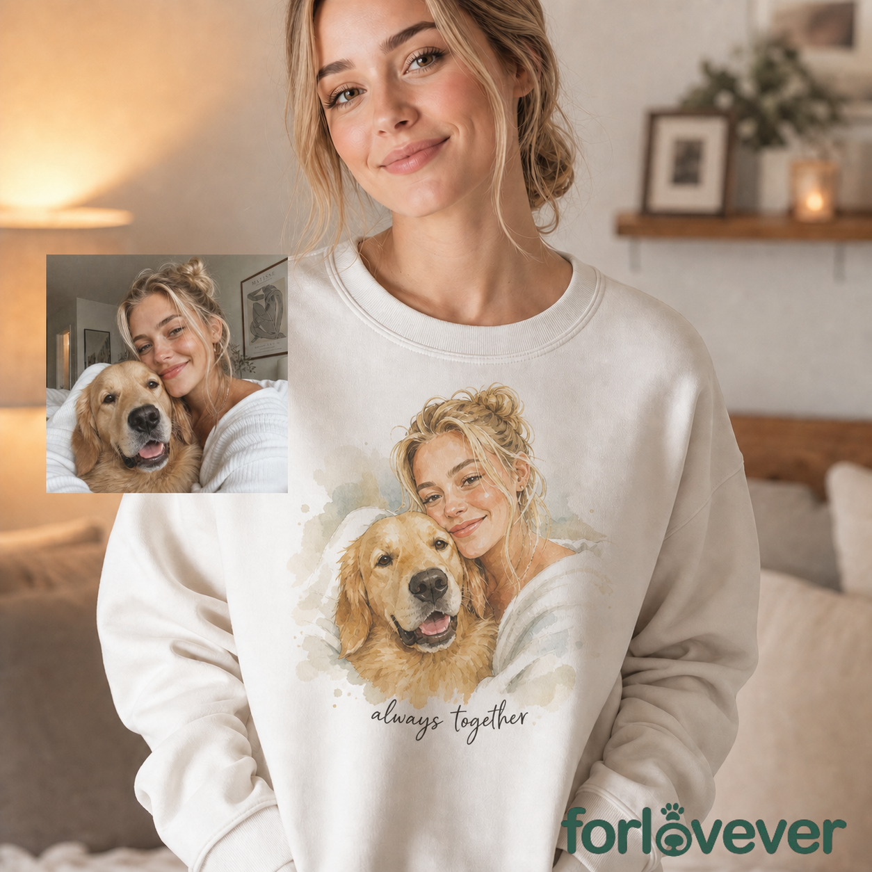 Custom Watercolor Pet & Owner Portrait Sweatshirt, Personalized Pet Photo Crewneck with Custom Text