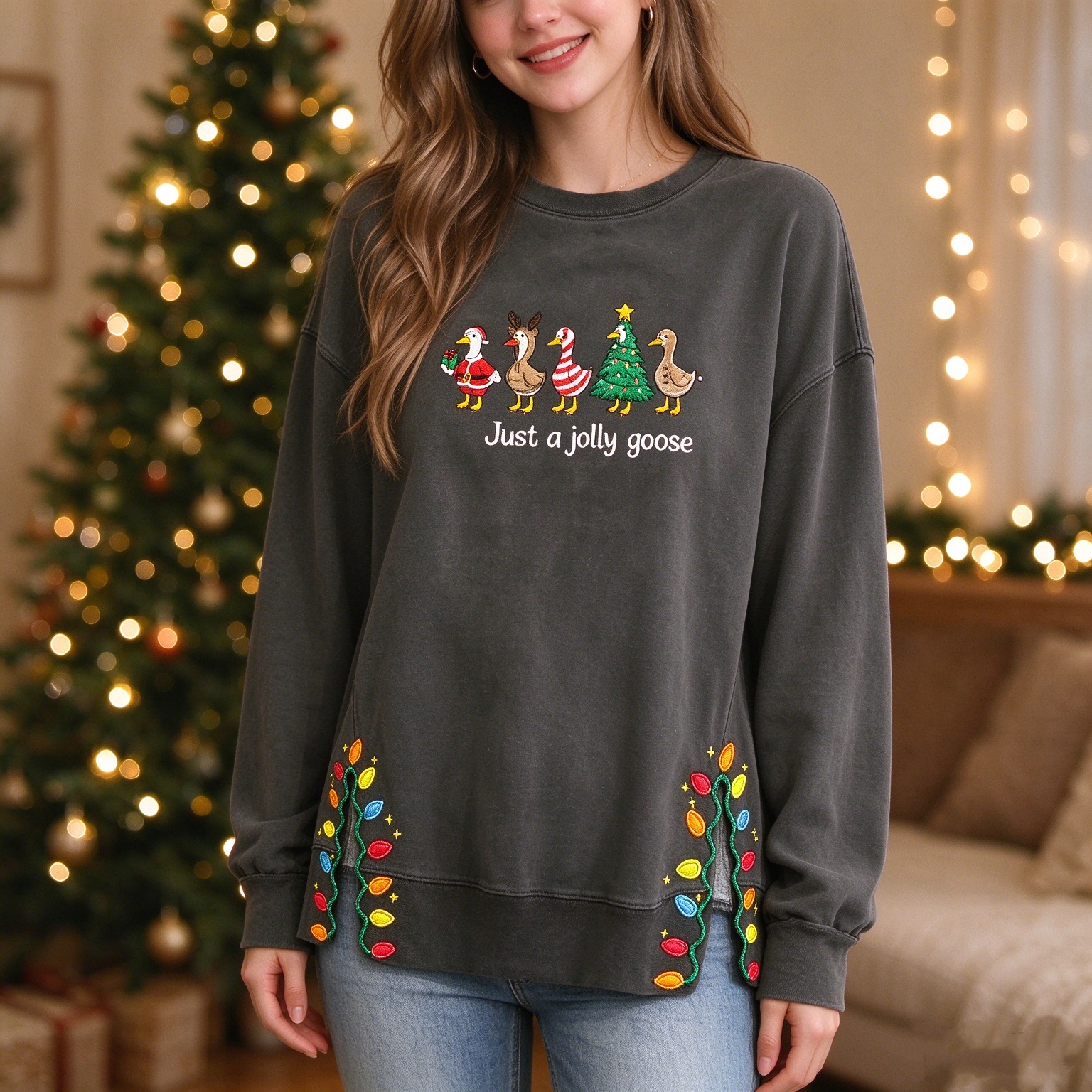 Just A JOLLY Embroidered Goose Crewneck,Christmas Gift For Family