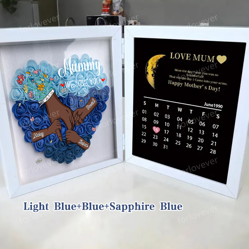 Mum We Love You With REAL MOON PHASE Anniversary Calendar - Personalised Mum & Grandma Flower Shadow Box with Names-forlovever