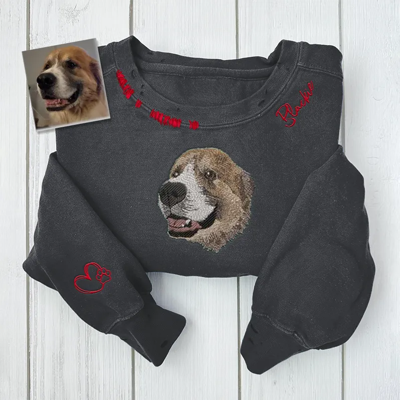 VINTAGE CUSTOM CREW-Custom Pet,Dog,Cat Face Full-color Outline Embroidered Hand Distressed Crew Neck Sweatshirt 